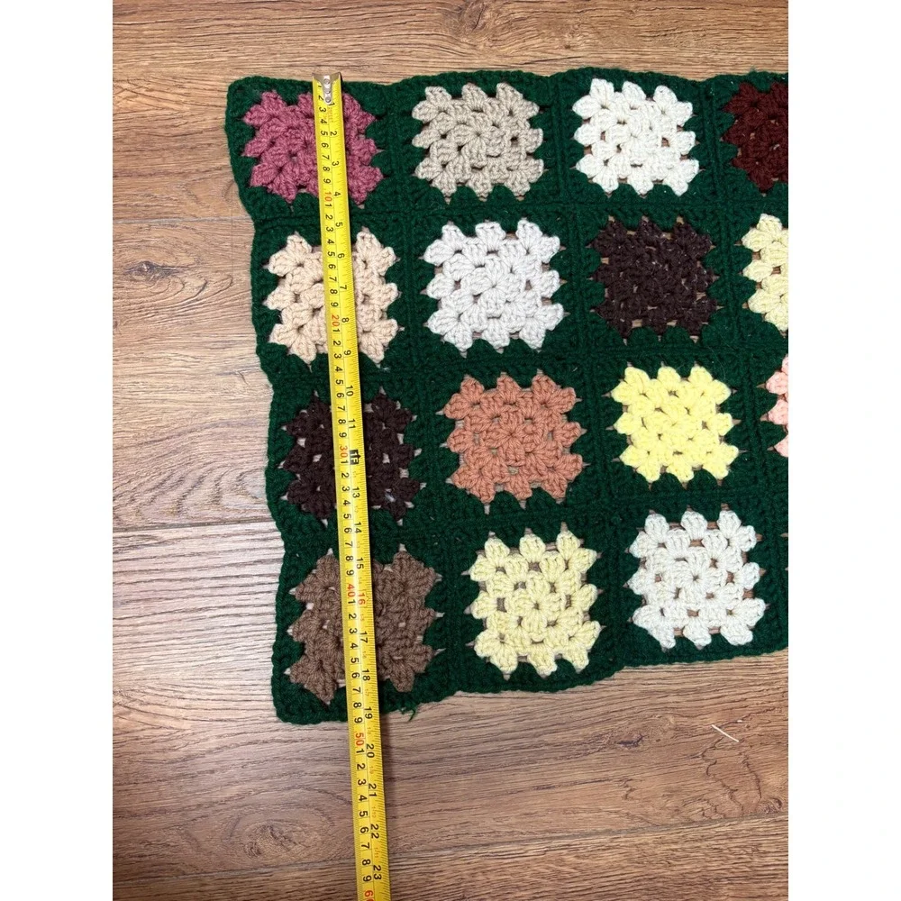 Handmade Crochet Granny Square Table Runner Green Multi Color Boho Vintage 70x19